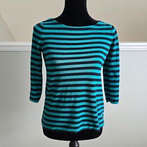 J. Jill Navy Blue & Jade Green Striped Boatneck Sweater 3/4 Sleeves Size X-Small